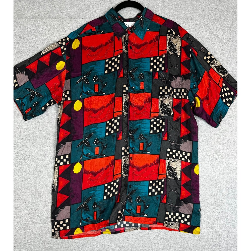 VTG Aggio Mens M Shirt 100% Silk Abstract Geometric Button Down Multicolor 90s
